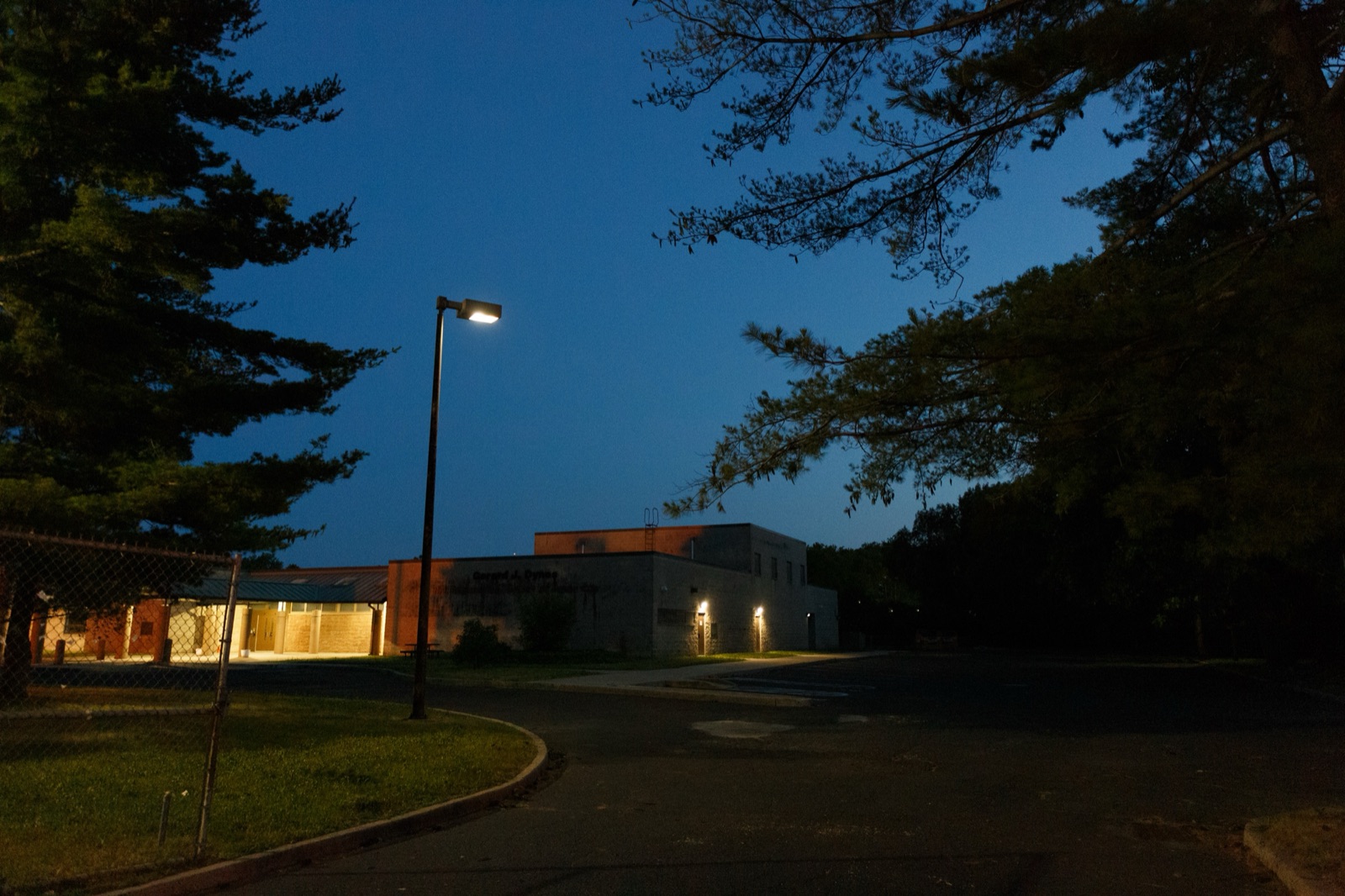 A quiet road at blue hour, a single streetlight glowing beside a low building and dark pine trees.
