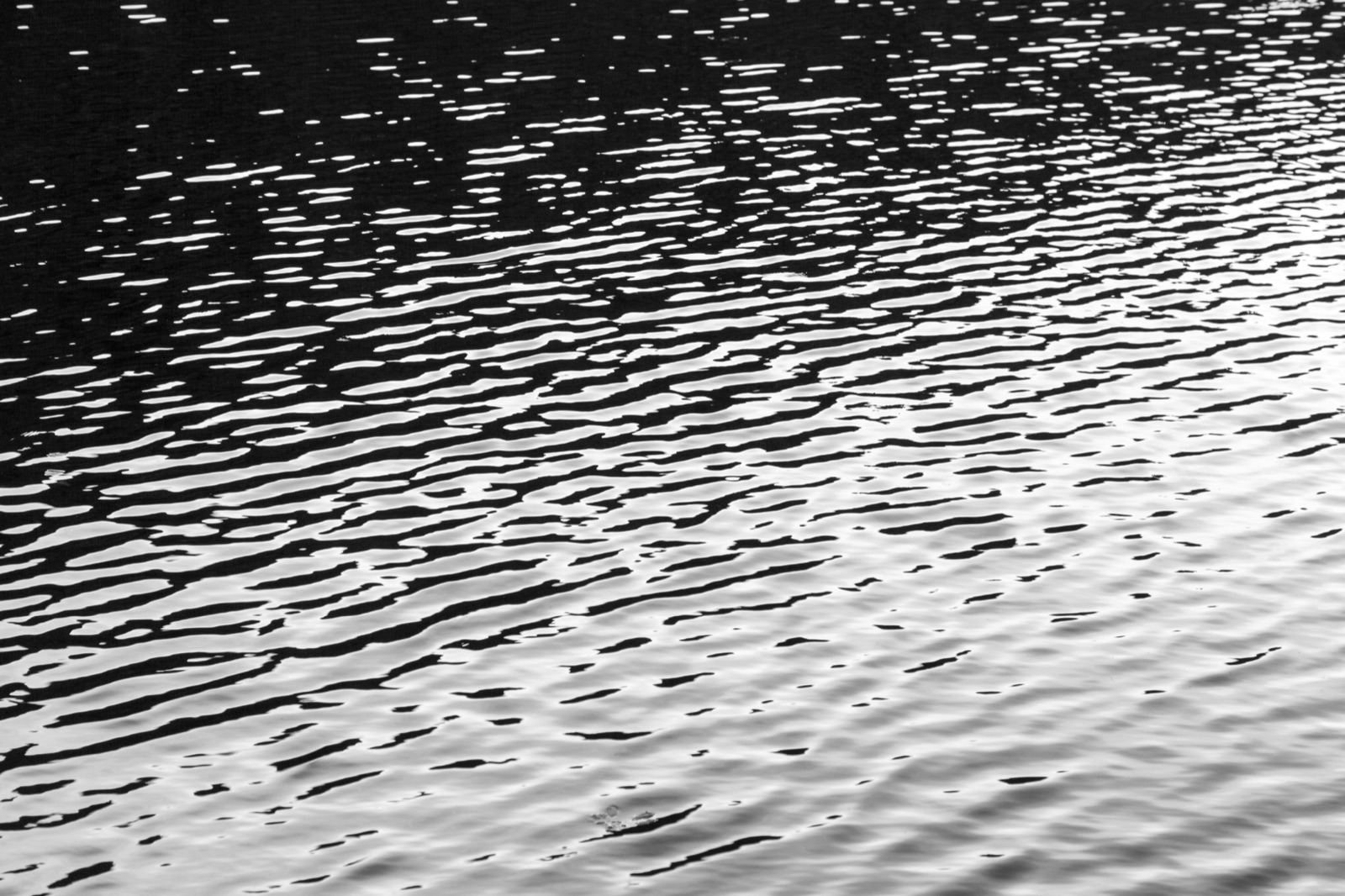 Close-up of rippling water in black and white, light glinting off the surface.